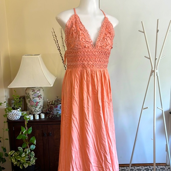 💖💃🏻Rebellion Again Summer Peach Crochet Strapped Long Dress- Women-L- NWT - Picture 2 of 16